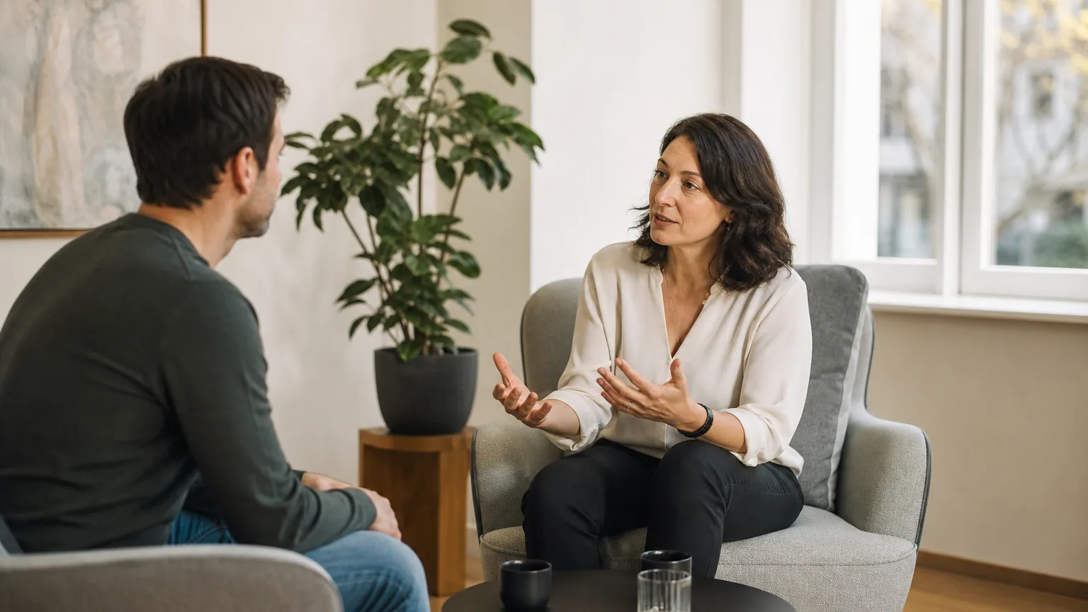 Mentalcoach im ruhigen Einzelgespräch mit einem Klienten in einer hellen Schweizer Praxis.