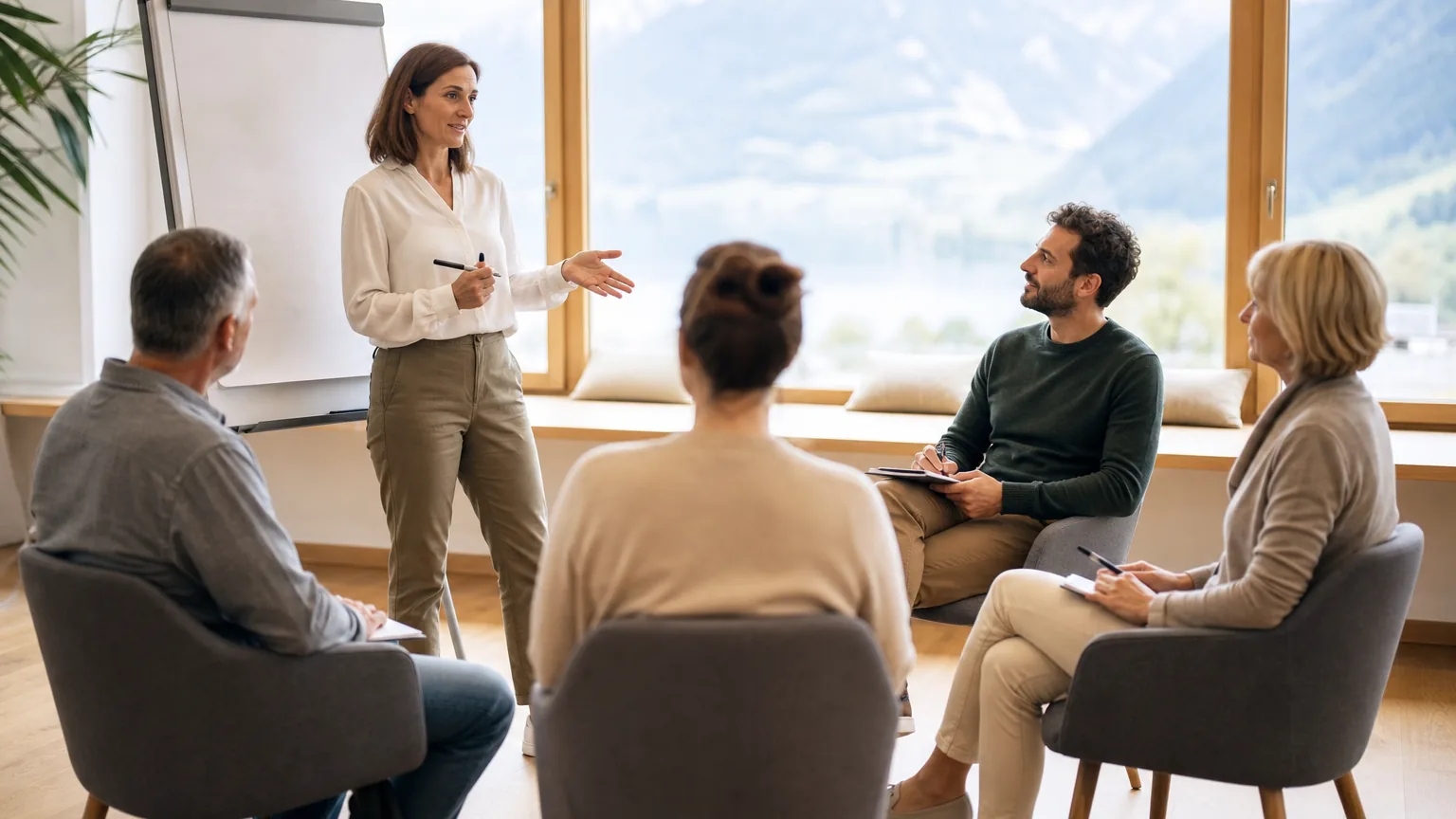 Mentaltraining in einer kleinen Gruppe an einem Flipchart in einem hellen Seminarraum.
