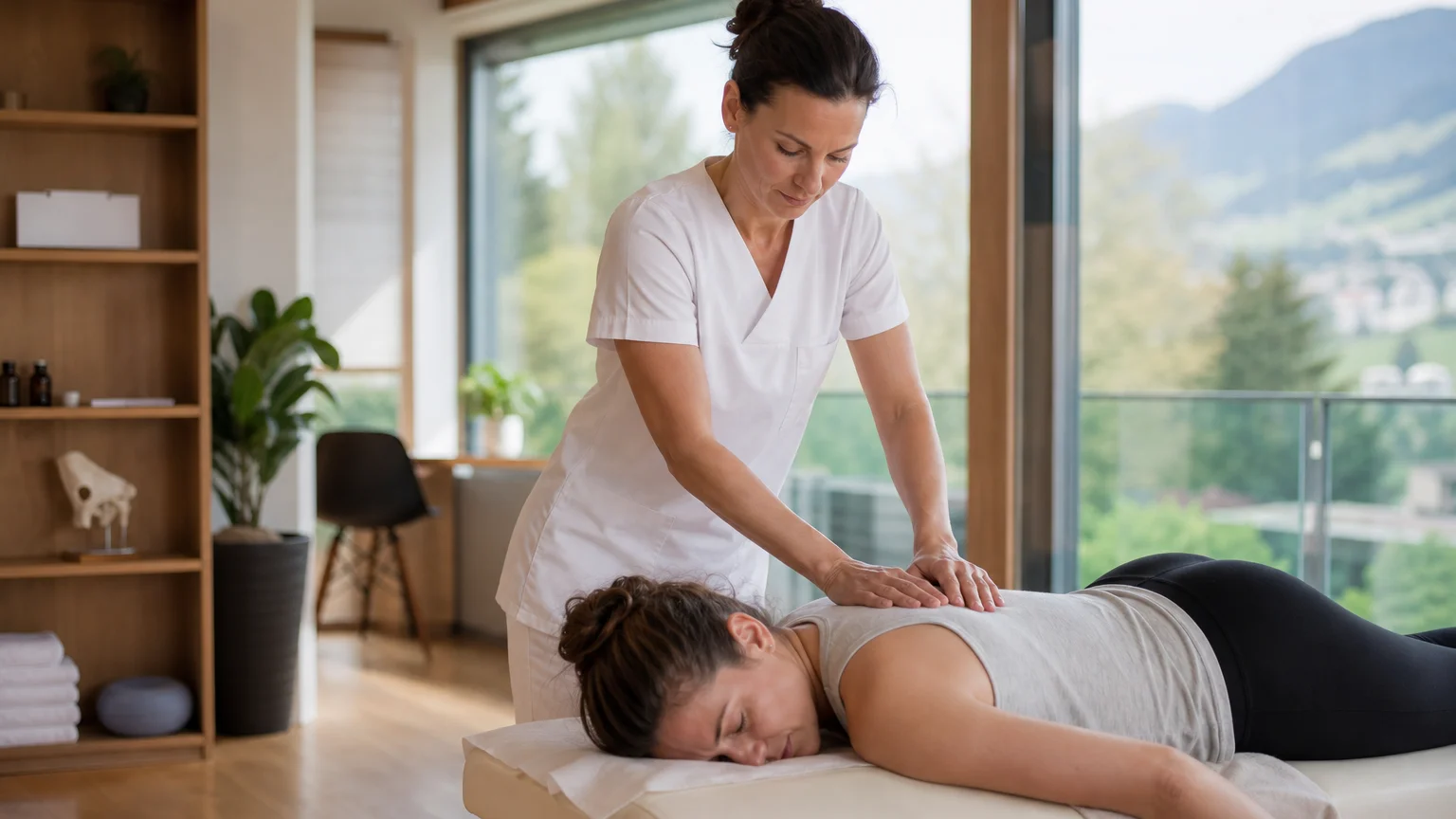 Medizinische Masseurin behandelt eine Klientin in einer Schweizer Therapiepraxis