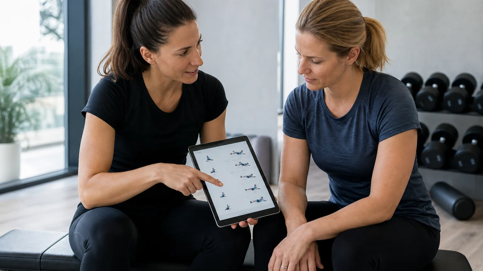Fitnessinstruktorin bespricht mit einer Kundin den Trainingsplan auf einem Tablet