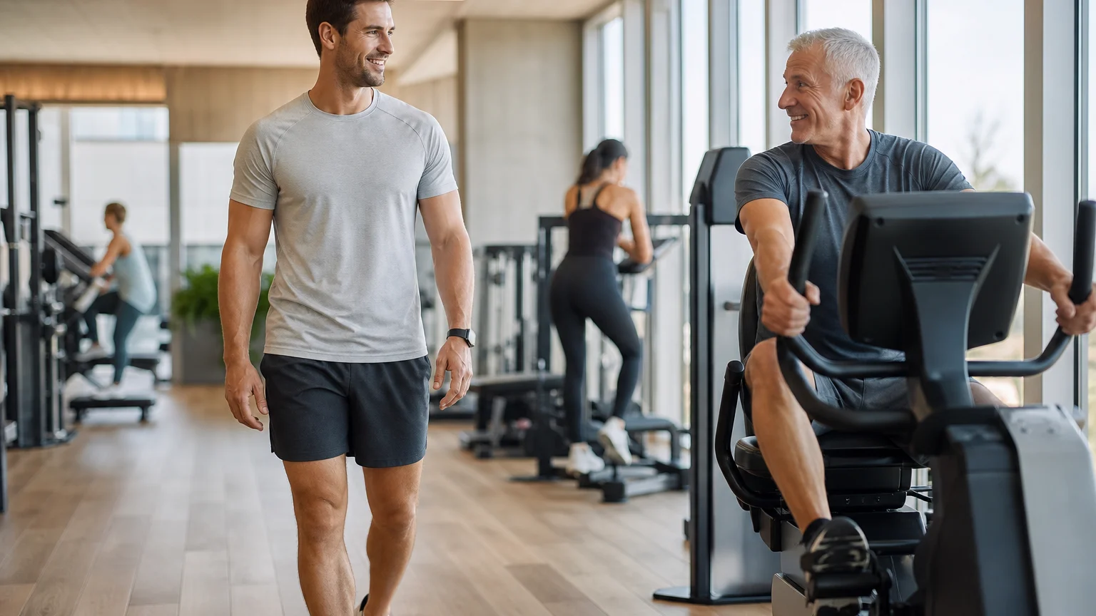Fitnessinstruktor begleitet einen Kunden beim Ausdauertraining im Fitnesscenter